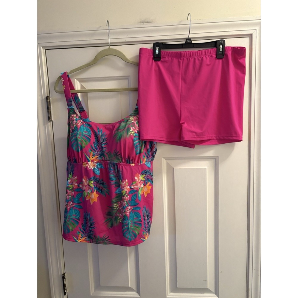 KIM GRAVEL x SWIMSUITS FOR ALL Scoopneck Tankini w/ Bike Shorts RASPBERRY sz 14